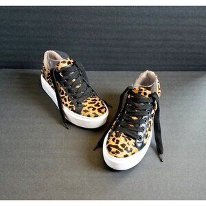 NATALY MENDEZ Brown Leopard Sneakers Sz 37 7 Lace Up Leather Calf Hair